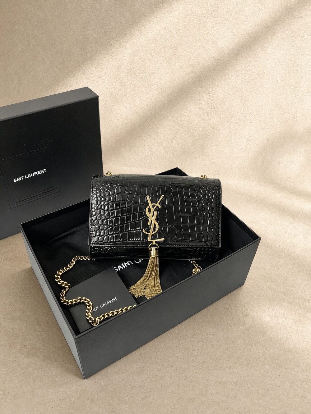 Yves Saint Laurent Kate Medium Black Croc Embossed Tassel Bag - Picture 2 of 6